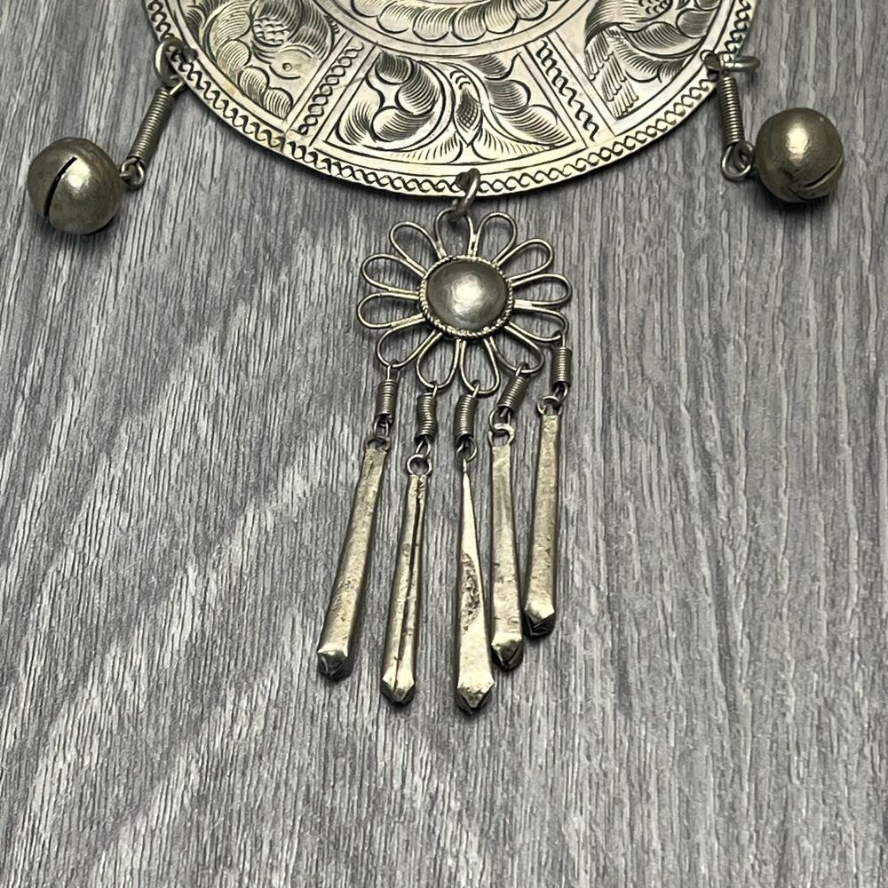 Tribal Boho Collar Statement Necklace Engraved Birds Medallion Dangles Bells - Picture 4 of 16